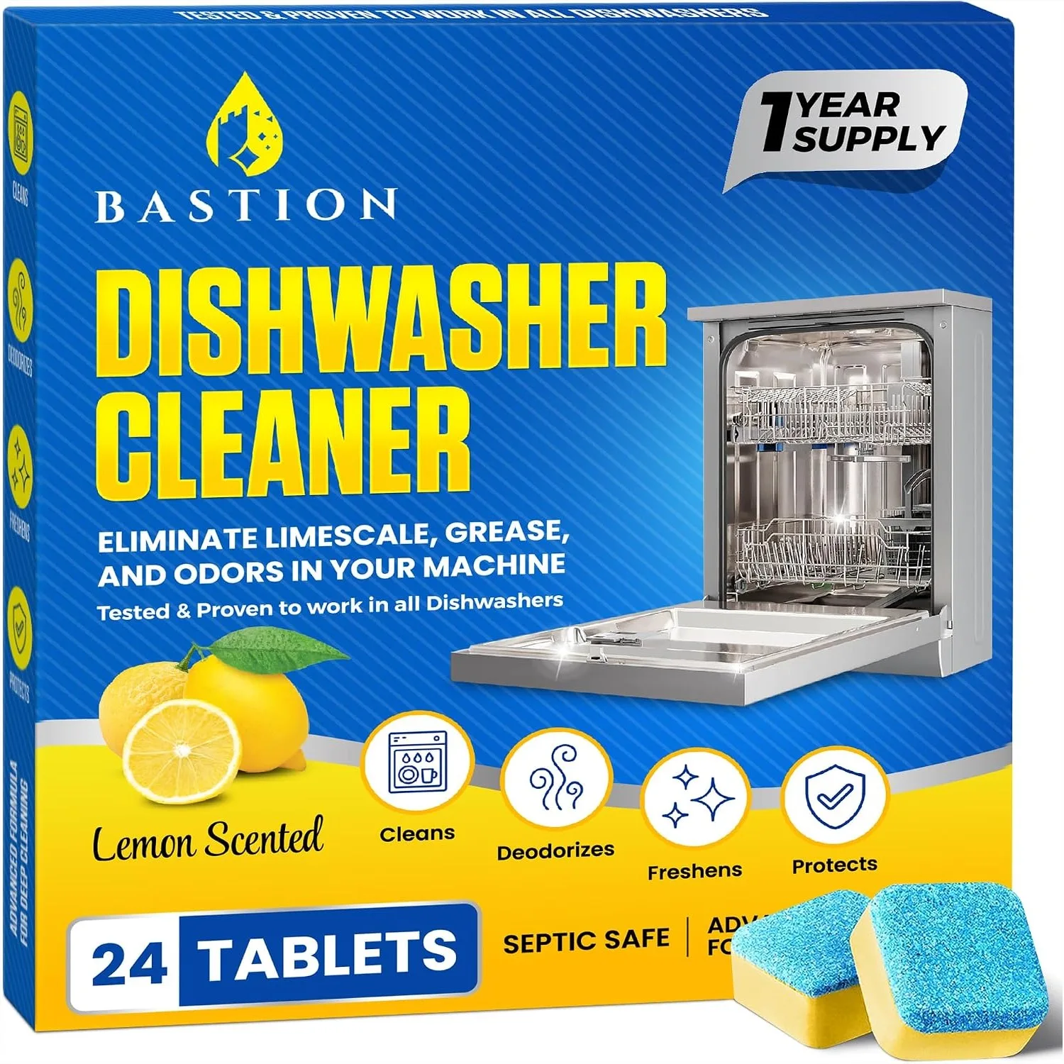 Dishwasher Cleaner Tablets with Lemon Scent, 24 Pack, Removes Grease and Limescale, Easy to Use, Maintains Dishwasher
