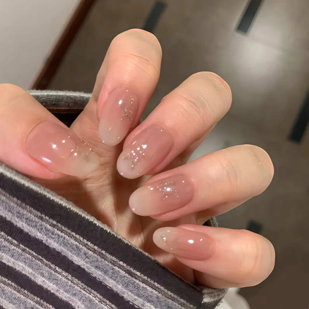 

24pcs Nails Sets Press on Fantasy Gradient Pink White Oval Fake Nails Tips Short Almond False Nail Art with Star Design Manicure