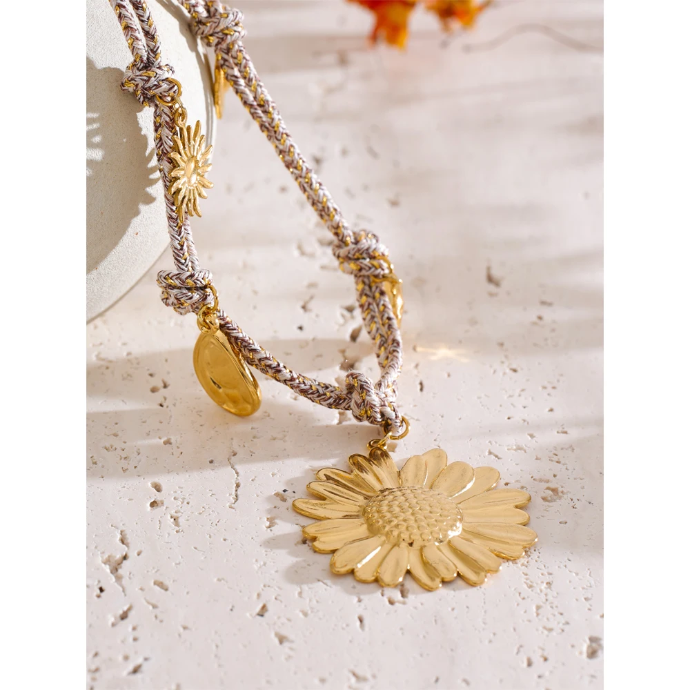 Yhpup 2025 Rope Braided Sunflower Flower Pendant Necklace Handmade Stainless Steel Trending 18K Jewelry Accessories