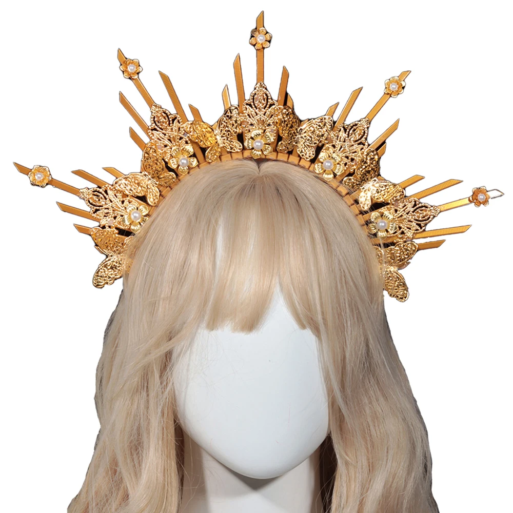Crown Halo Headpiece Wedding Headwear Cosplay Women Sun Goddess Pearl Halloween Carnival Party Girls Headdress Costume Props