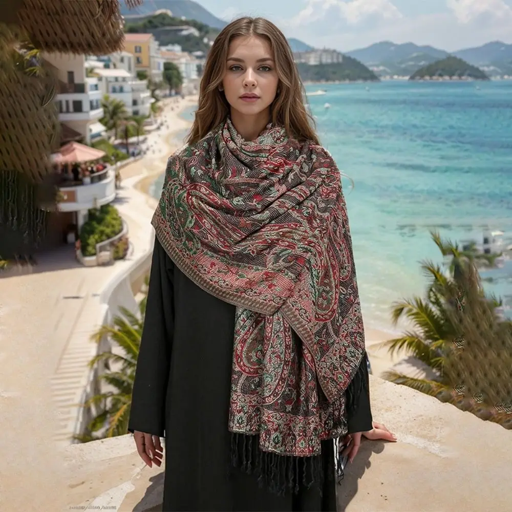 

Elegant Printed Ethnic Style Scarf Jacquard Tassel Cashew Headscarf Thin Long Hijab Scarf Female