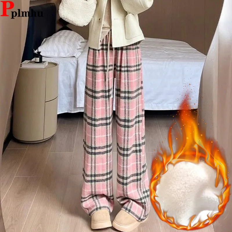 

Winter Plaid Wool Blend Wide Leg Pants Velveteen Lined Lace-up High Waist Spodnie Casual Baggy Pantalones Korea New Women Broek