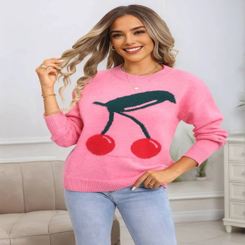 

Cherry Jacquard Women's Sweater Long-Sleeved Round-Neck Pullover Tops Sweet Casual Versatile Knitwear Winter Women's Clothing