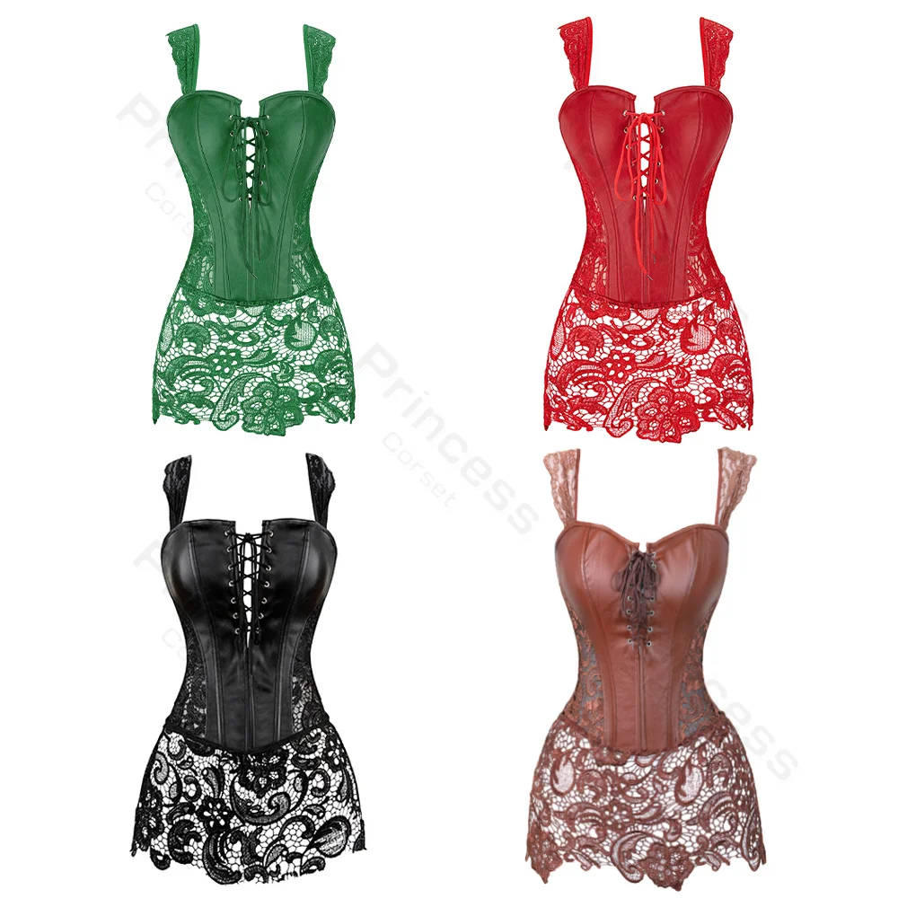 Corset with Straps Faux Leather Dress Corsets for Women Lace Up Gothic Costume Sexy Lace Bodice Corset Top Plus Size Green Black