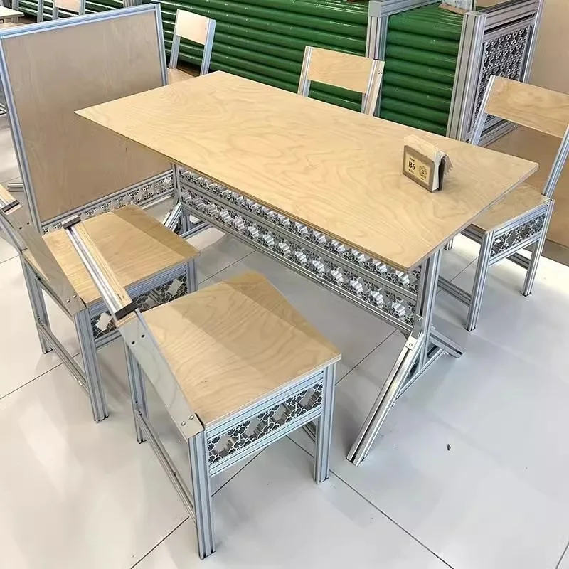 Mesa y silla de café, té de la leche, postre, panadería, combinación de perfil de aluminio, tablero marino de abedul, juego de mesa y silla de ocio