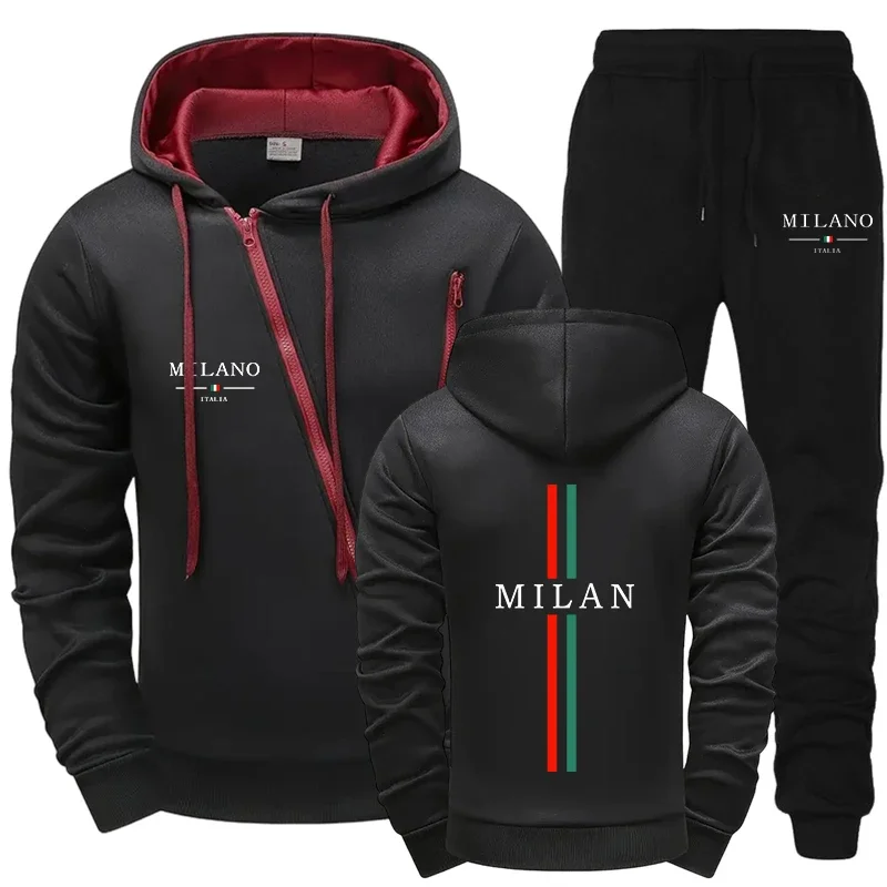 Conjuntos de chándal para hombre, ropa informal de moda para uso diario, sudaderas con capucha para actividades al aire libre, pantalones deportivos cómodos, chaqueta con cremallera diagonal y pantalones.
