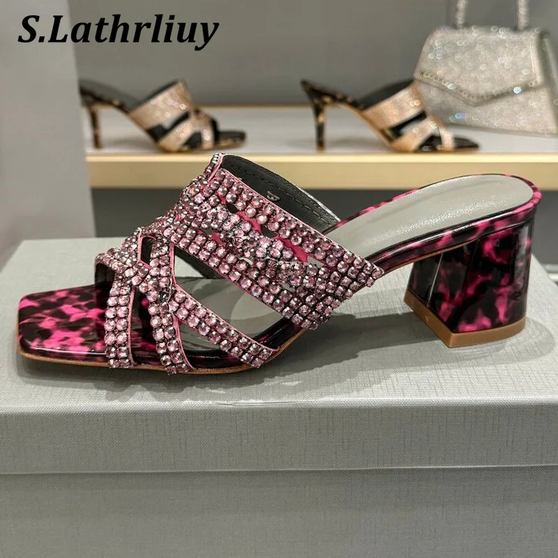 Summer Luxury Crystal High Heels Slippers Women Genuine Leather Open Toe Chunky Heels Outdoor Sandals Fashion Party Dress Shoes