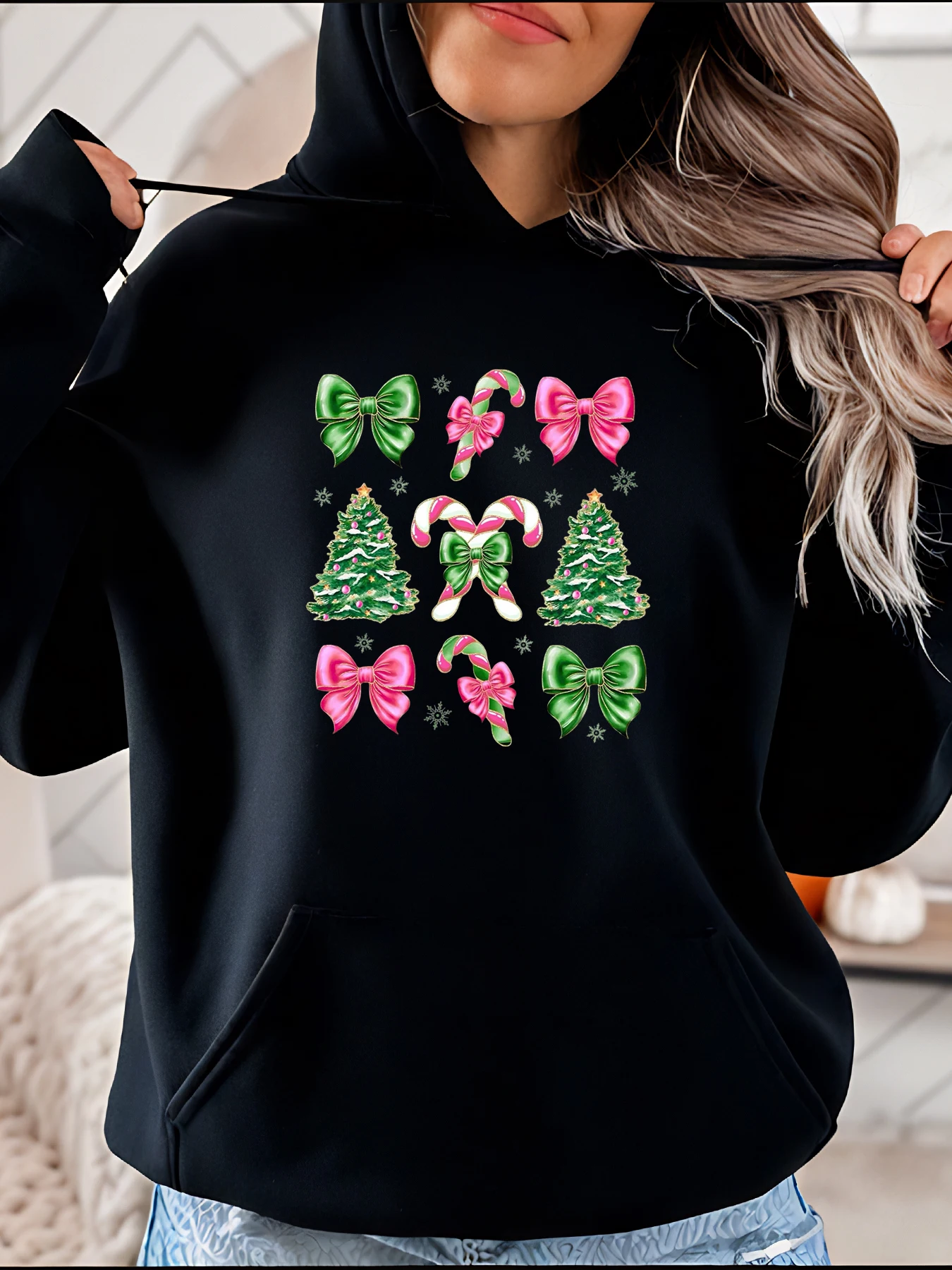 Kerstboom Candy Cane Bow Print Hoodie Casual Holiday Damessweatshirt met zakken Feestelijke winterkleding