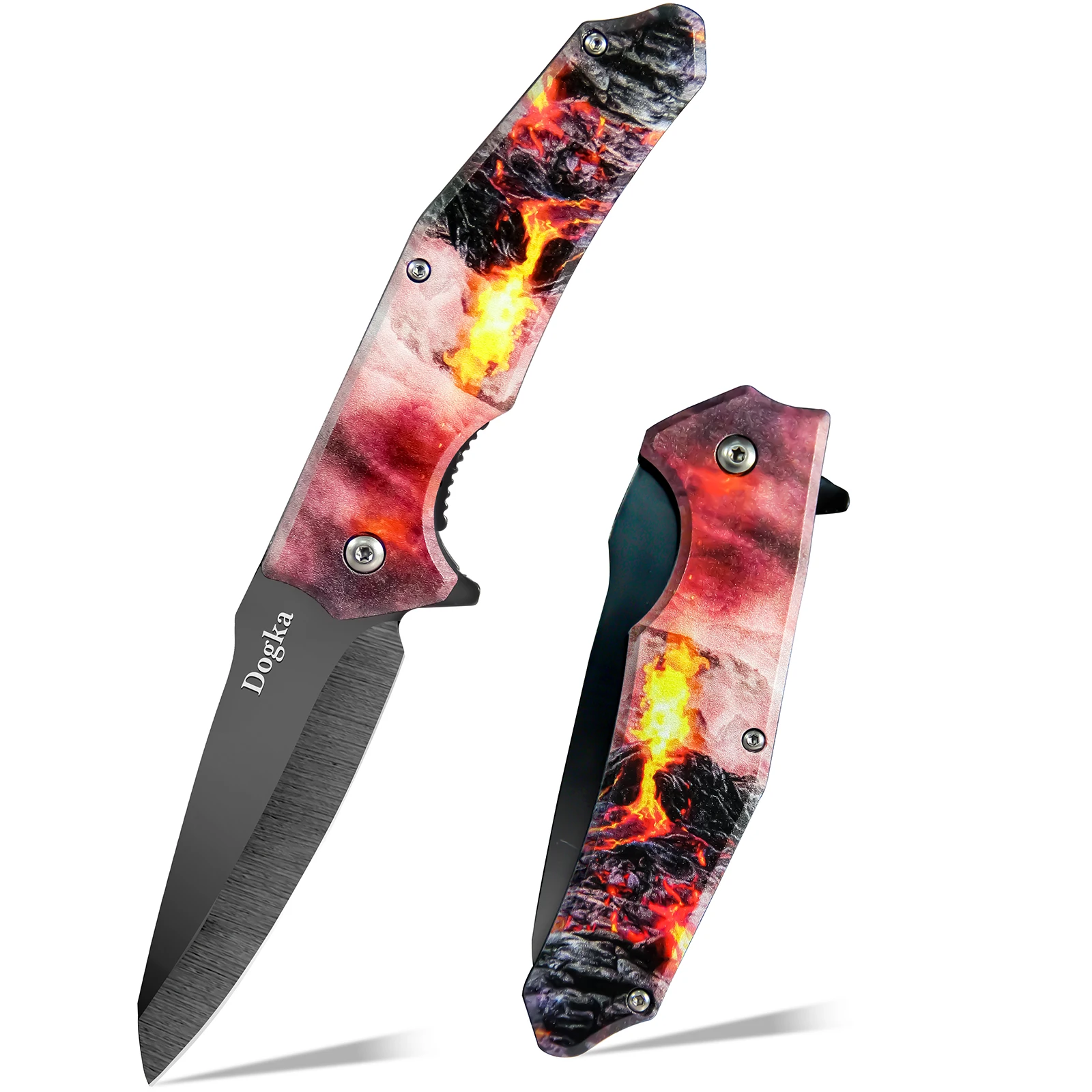 Volcano Lava Flame Printed Folding Pocket Knife Cool Graphic Handle Sharp Stainless Steel Blade EDC Utility Tool for Outdoor Camping Daily Use And Collection