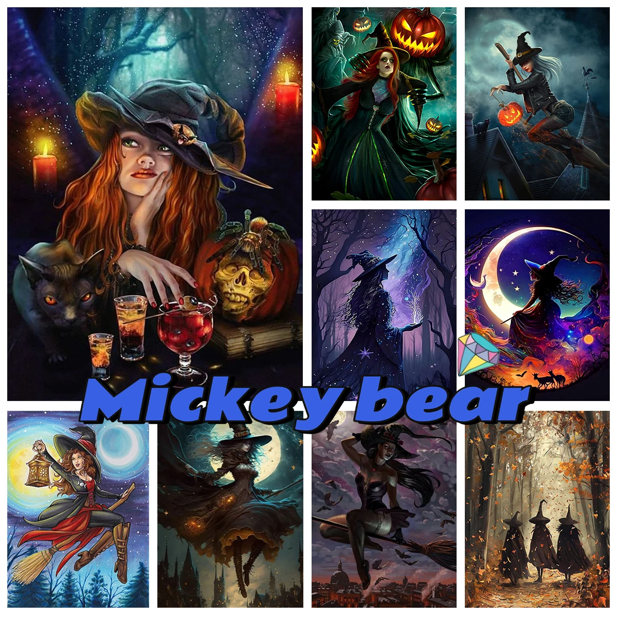 

Flight Witch DIY Diamond Painting Kit Magic Broom Halloween Murals Diamond Embroidery Cross Stitch Child Hand Gifts Home Decor