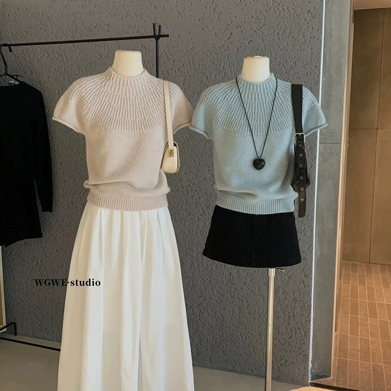 

Корейская женская футболка контрастного цвета на одно плечо с короткими рукавами, новинка лета 202, нестандартный вязаный топ