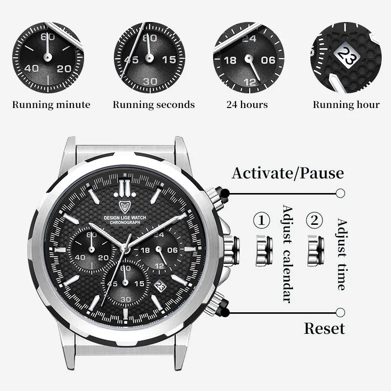 Reloj Hombre LIGE Man Watch Top Brand Luxury Business Stainless Steel Quartz Wristwatch Chronograph Luminous Date Watch for Men