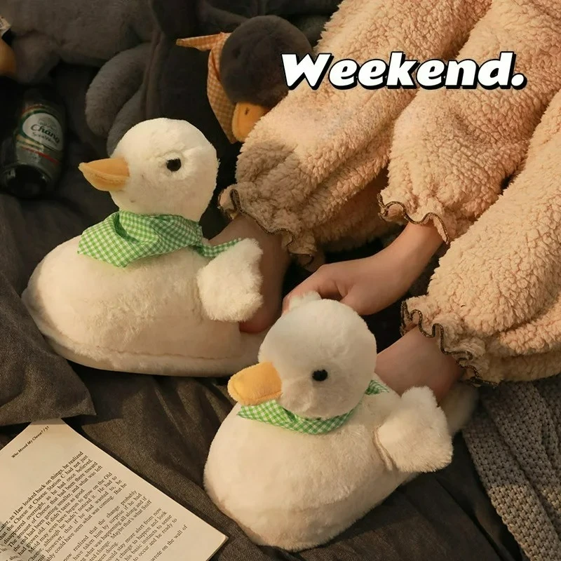 Cute Duck Cotton Slippers for Women Cartoon Non-Slip Home Fur Slippers Comfortable Autumn Winter Women's Indoor Shoes