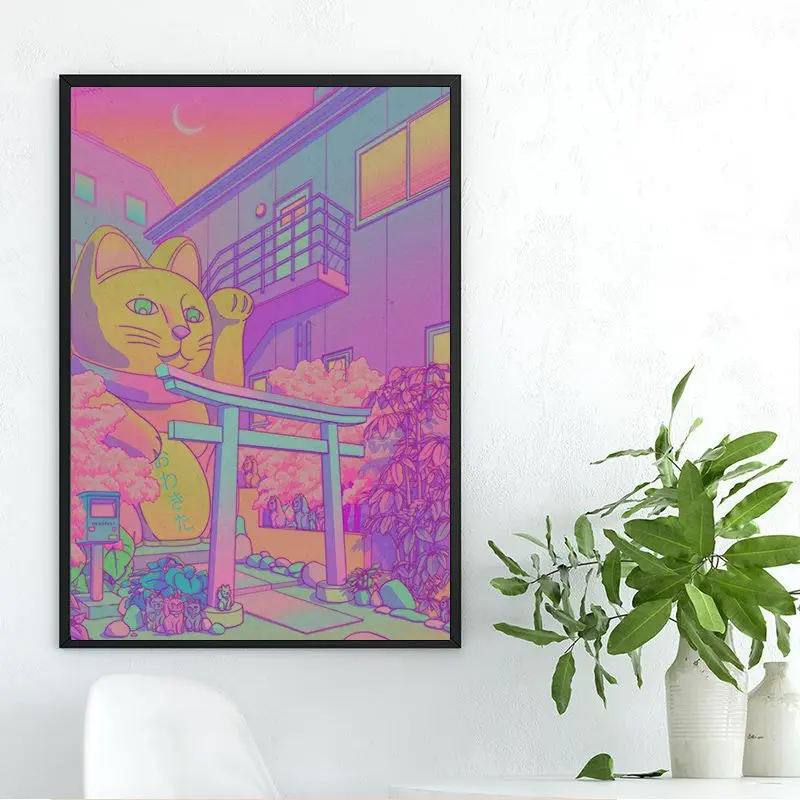 80s Vaporwave Style City Night Street Cat Movie Posters Decoracion Painting Wall Art Kraft Paper Posters Wall Stickers