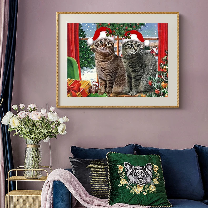 Full Square Round Diamond Embroidery Cat 5D DIY Diamond Painting Christmas Animal Picture Of Rhinestone New Year Home Decor