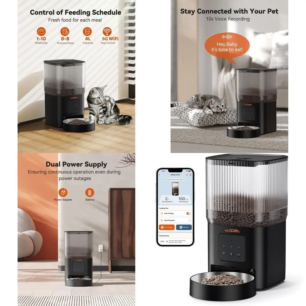 

Smart Pet Feeder: 5G WiFi, App-Controlled, Low Food Alert, Voice Recorder, Schedules Up to 10 Meals Daily