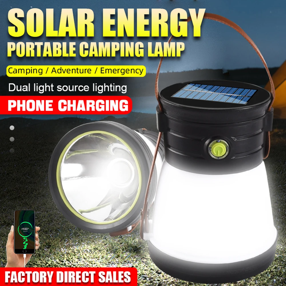 Solar Searchlight Camping Light Outdoor USB Rechargeable Portable Solar Emergency Camping Lamp Flashlight for Hiking Fishing