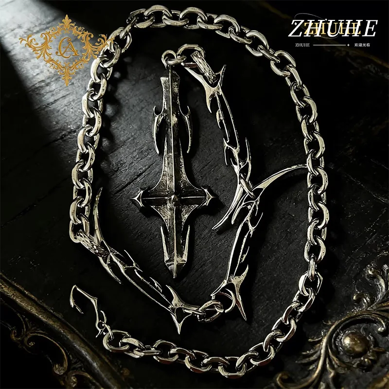 Unisex Gothic Thorn Sword Pendant Necklace, Copper Jewelry Accessories for Women & Men, Punk Choker Chain, Dark Edgy Fashion Jew