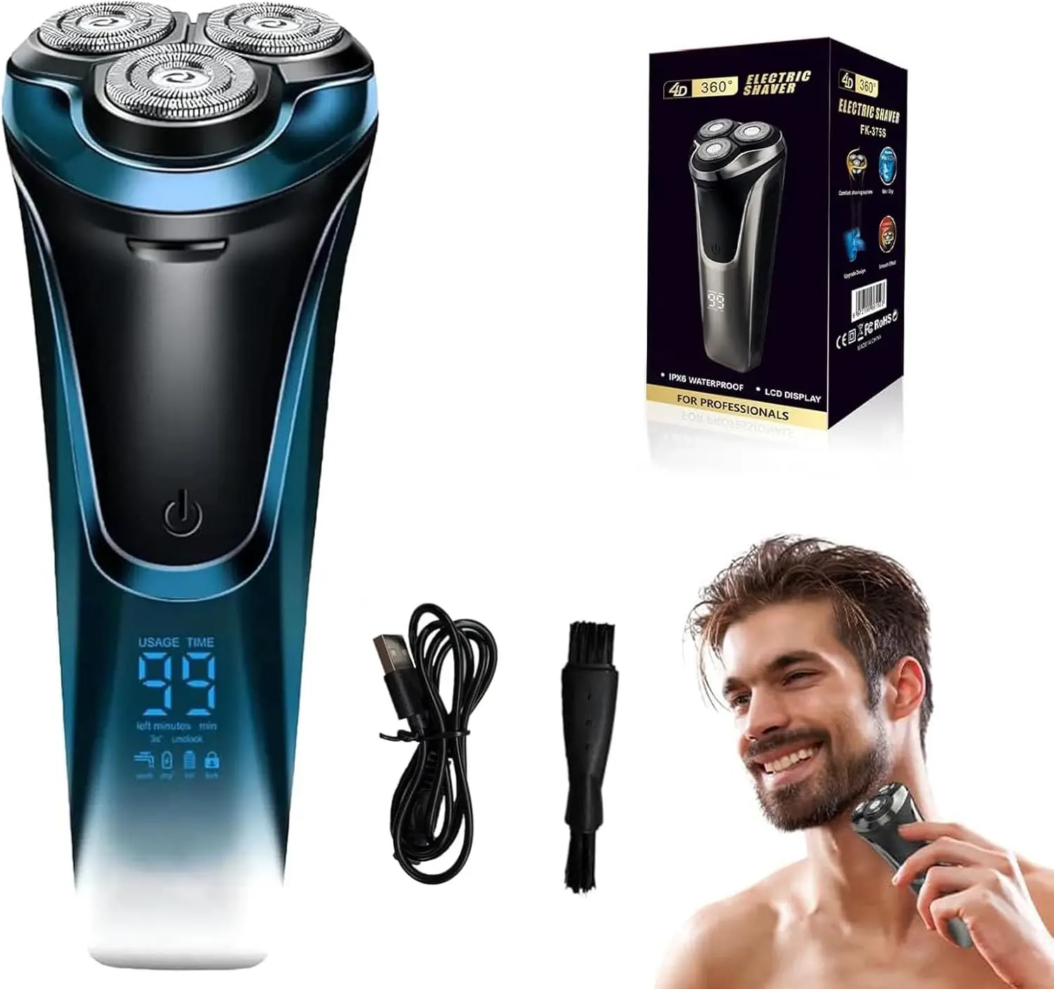 

2025 New 4D Floating Head Rotary Electric Shaver for Men, IPX7 Waterproof with LCD Display & Quiet Motor, Fast Charging (Blue)