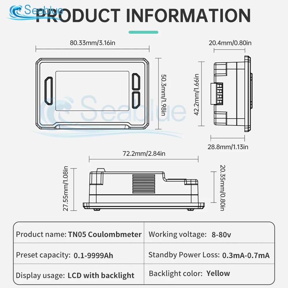 TN05 Battery Voltmeter DC 8-80V 50A Capacity Indicator Power Meter Lithium Cell 12V 24V 48V LCD Screen Display Built In Sampling