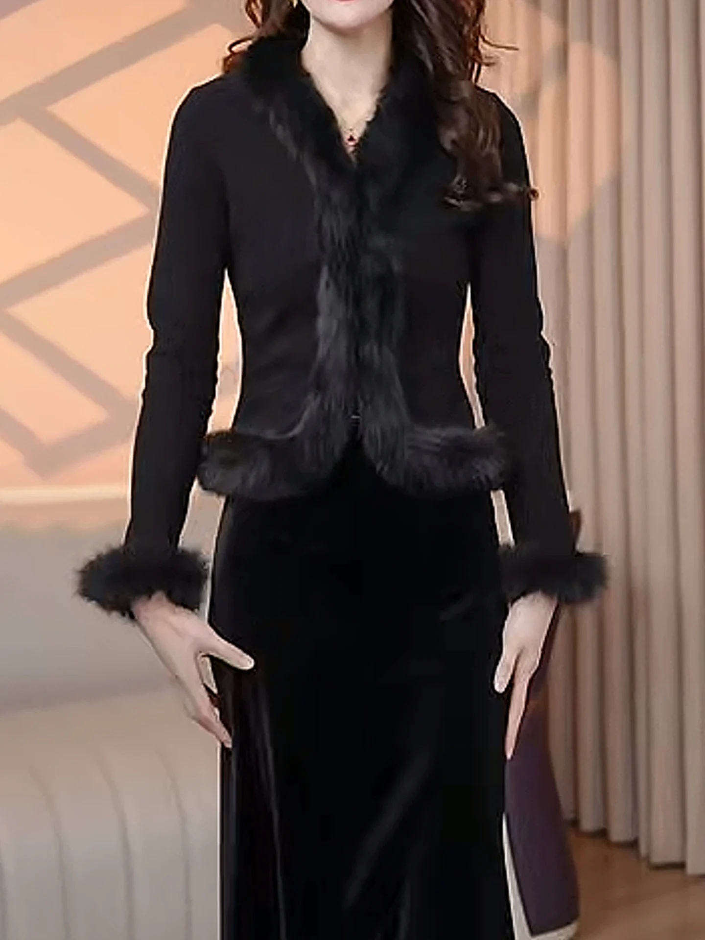 

Pure Desire Sle Women's Knitted Cardigan V-Ne Faux Fur Collar Slimming Base irt Faionable Autumn Winter New Arrival