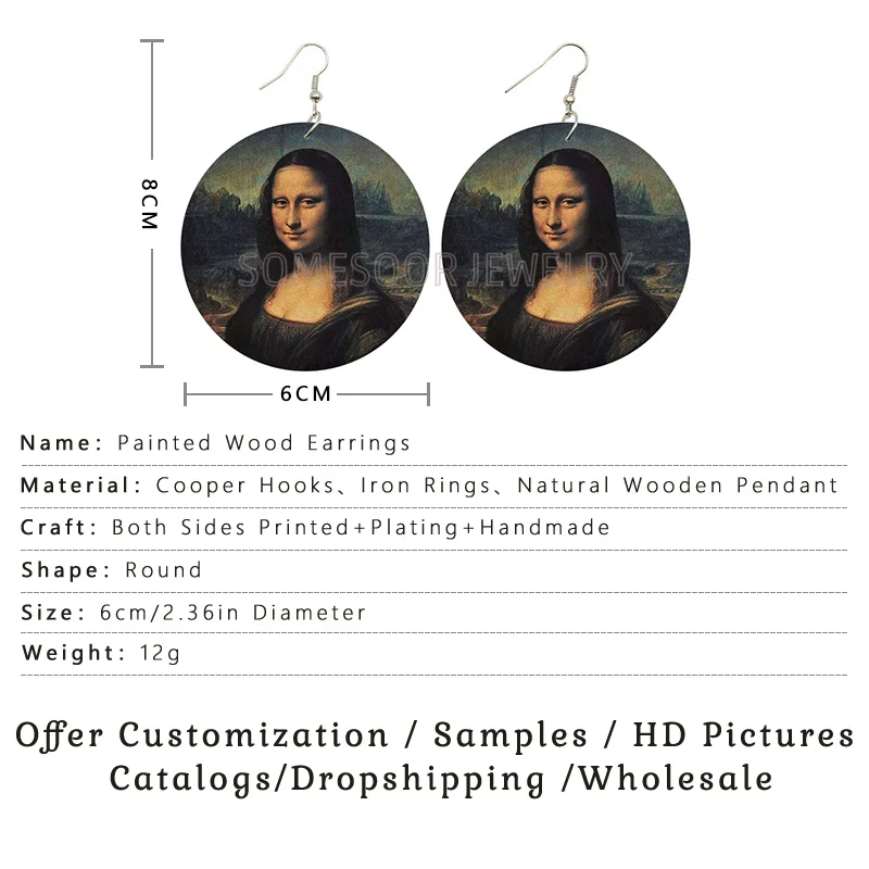 SOMESOOR Vintage Mona Lisa Girl Wooden Drop Earrings Da Vfor Art Painting Geometric Wood Loops Dangle Jewelry For Women Gifts
