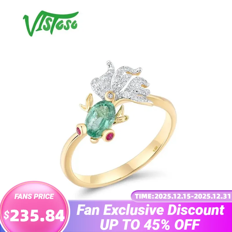 

VISTOSO Gold Ring For Woman Genuine 14K 585 Yellow Gold Sparkling Natrual Emerald Ruby Diamond Lovely Fish Trendy Fine Jewelry