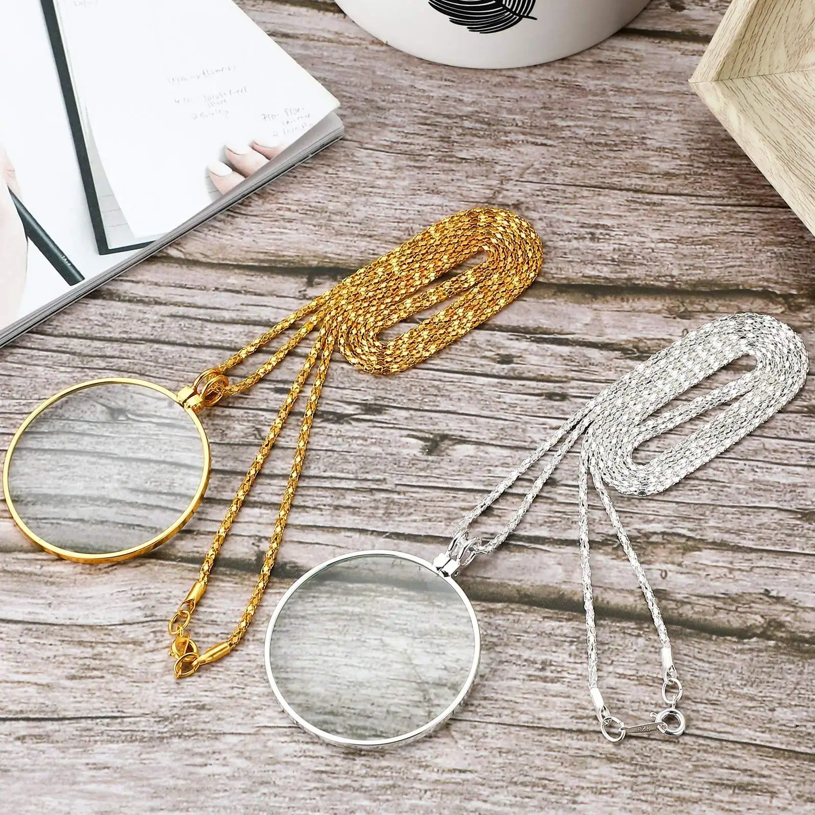 2pcs Vintage Magnifier Pendant Necklace 5X Magnifying Hanging Loupe with 42mm Lens 45cm Chain