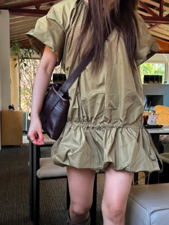 Fashionable Bouffant Drawstring Dress Women's Summer 2026 Loose Design Short A-Line Skirt Korean Style Cotton Polyester