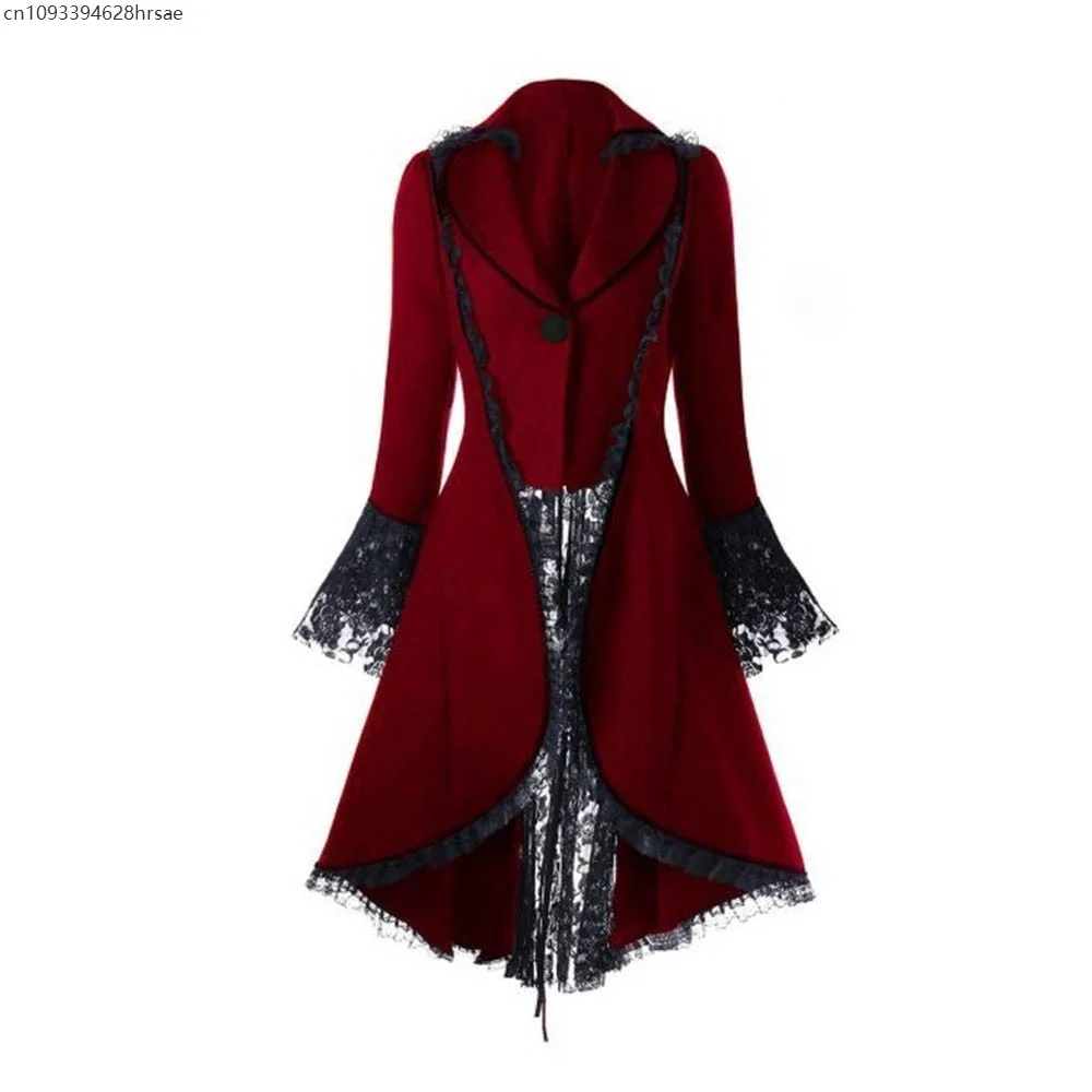 

Women Lace Trim Lace-up High Low Coat Black Steampunk Victorian Style Gothic Jacket Medieval Noble Court Dress Plus Size S-5XL