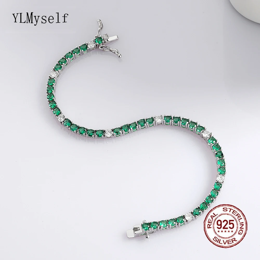 Prawdziwa bransoletka tenisowa ze srebra próby 925 rod/pozłacane 3MM zielona mieszanka biała cyrkonia typu kostka 15-21 CM łańcuch Fine Jewelry dla kobiet/Man