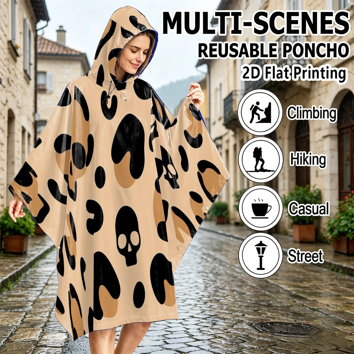 2D FLAT Printing 1pc Cycling Rain Poncho Leopard Print With Skull Pattern Design, High Quality Adult Outdoor Raincoat