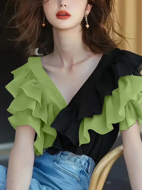 Chic V-Ne ort Sve irt Women's Summer Special Beautiful irt Lovely Small Top Polyester Material Commute Sle