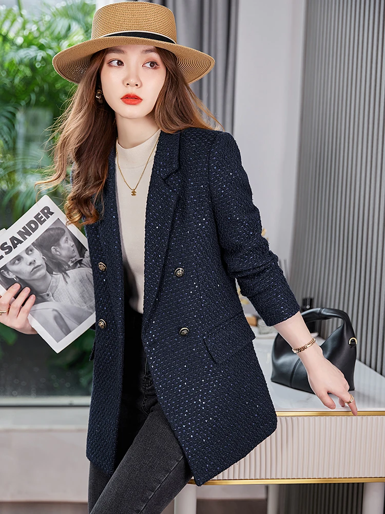 

Shiny Sequin Women's Jacket Autumn Winter Casual Tweed Personality Street Style Long Sleeve Button up Slim Fit Suit Top