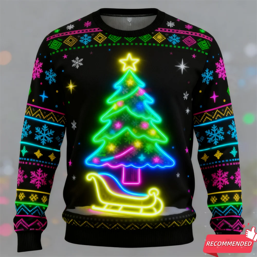 Harajuku وهمية النيون قطار الجرافيك بلوزات الأيائل حفلة عيد الميلاد ثلاثية الأبعاد طباعة القبيح عيد الميلاد سترة للجنسين البلوفرات الشارع الشهير الصبي القمم #5