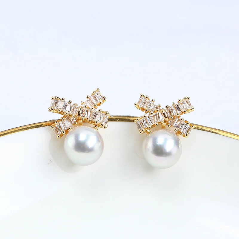 

6pair DIY Jewelry Accessories CZ Zirconia Bowknot Earrings Post Linker Connectors Bases for Women Bridal Pearl Earrings Making