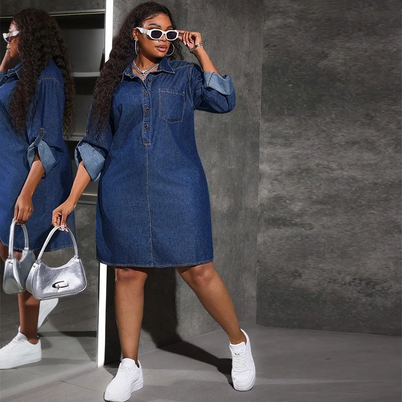 vintage denim dresses for women Mid Length Dress Vestidos Y2k Streetwear Turn Down Collar Full Sleeve Elegant Party Work 2026 Summer Margot Robbie stunned in Denim shirt dress templateB Size:10W Waist slimming fit Classic
