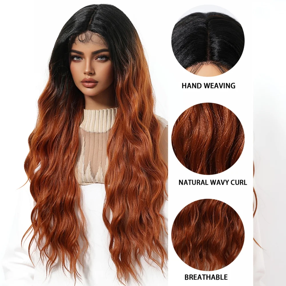 13x5x1 T Part Lace Front Wig Black To Ginger Orange Ombre Deep Wave Curly Synthetic Heat Resistant Natural Hairline for Women