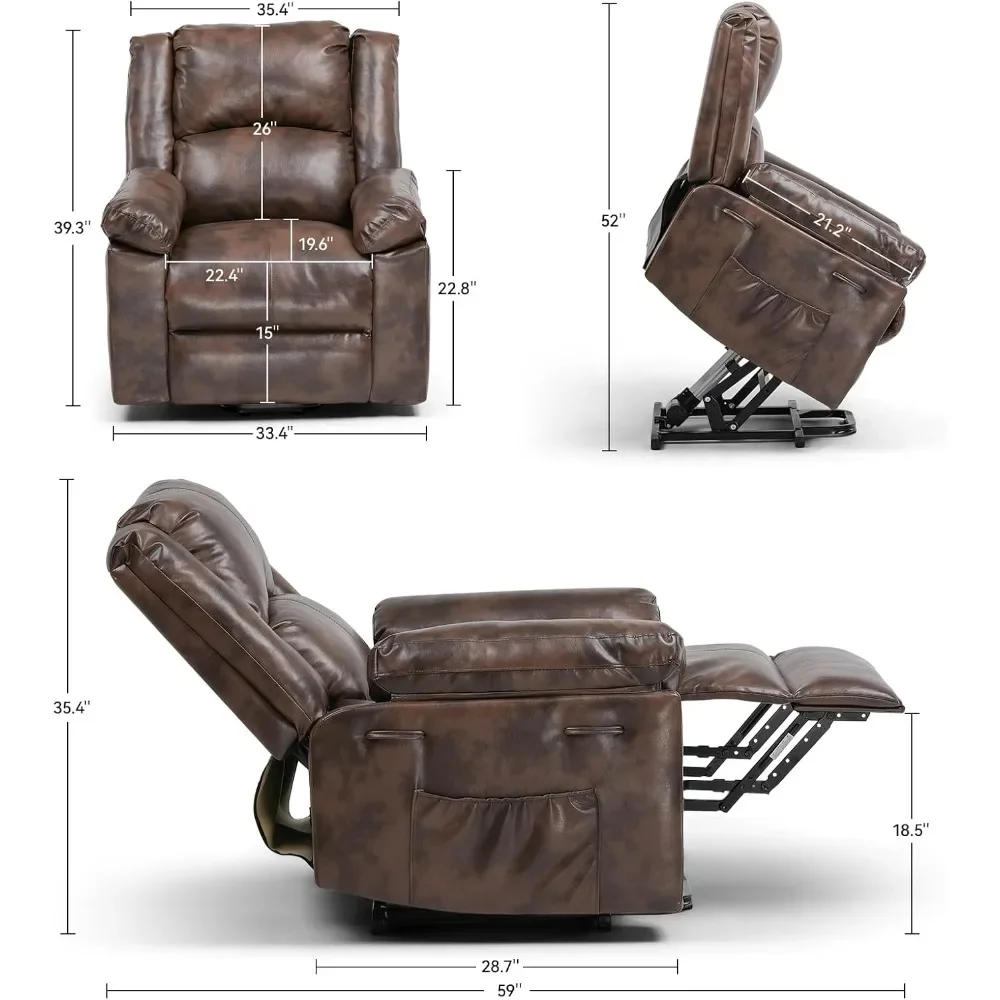 Fauteuil inclinable à levage électrique pour homme, fauteuil élévateur avec chaleur et massage, canapé inclinable en PU avec fonction de synchronisation, 2 poches latérales