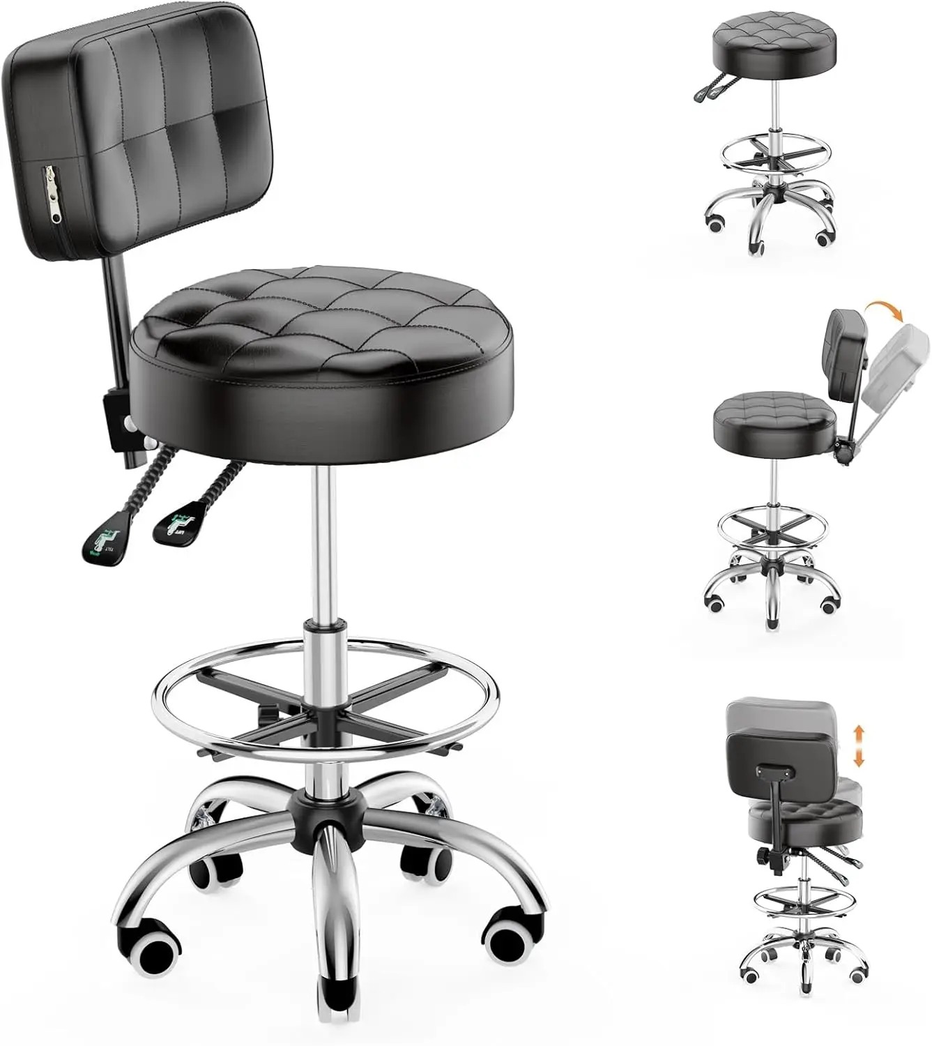 

Adjustable Rolling Stool with Backrest, 400lbs Capacity for Salon Spa Office - Black