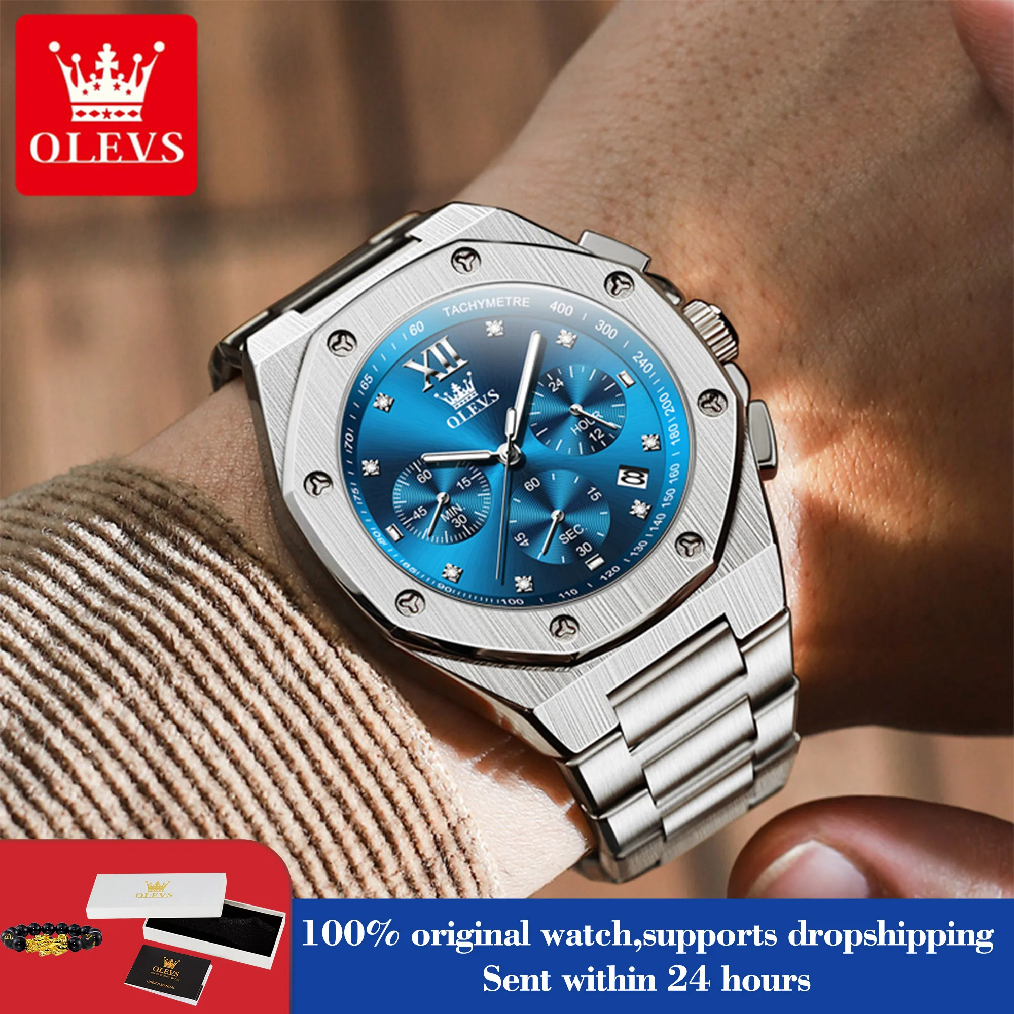 

OLEVS 3626, мужские часы, модный хронограф, кварцевые часы для мужчин, роскошные часы из нержавеющей стали с автоматической датой, водонепроницаемые светящиеся часы