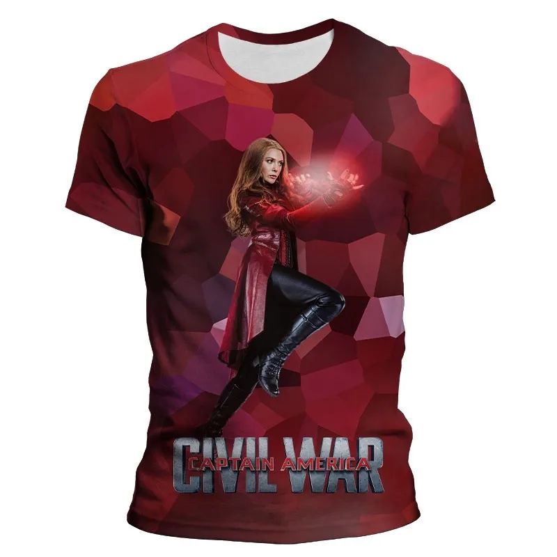 

2025 Marvel Avengers Anime 3D Printed Superhero Crimson Witch Pattern Children's Round Neck T-shirt Comfortable Adult T-shirt