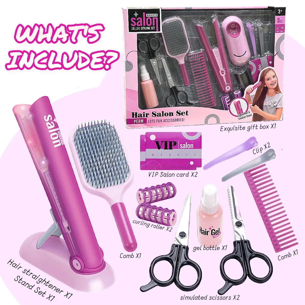 14-teiliges Set für Kleinkinder und Mädchen, Schönheitssalon, Rollenspiel-Haarset mit Glätteisen und Styling-Zubehör, Weihnachts- und Geburtstagsgeschenk