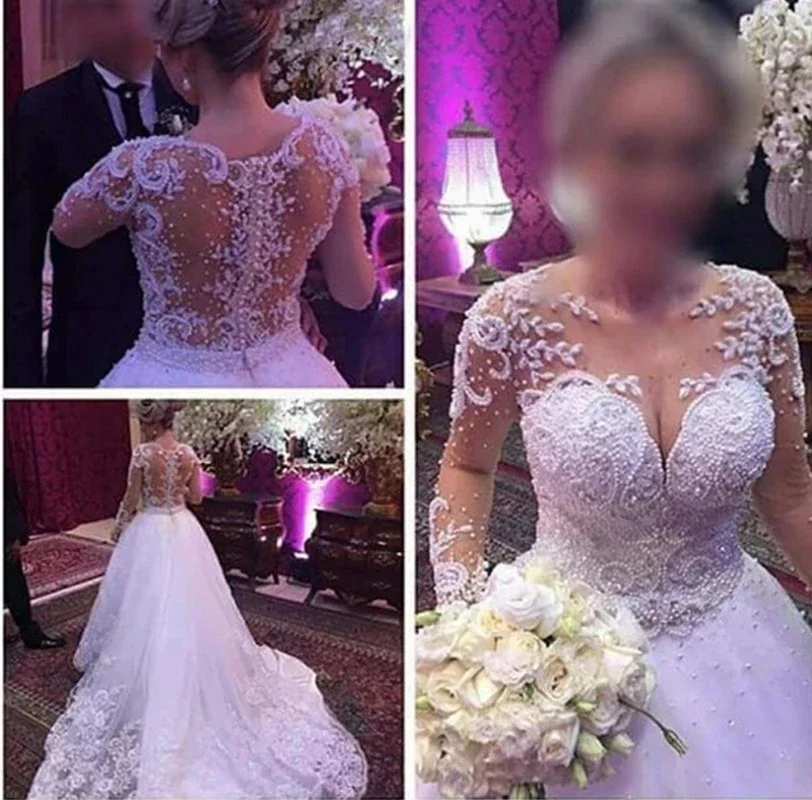 

Customized Vestidos Novia Illusion Pearls Wedding Dress Custom Made Appliques Long Sleeves Bridal Gown Robe De Mariee