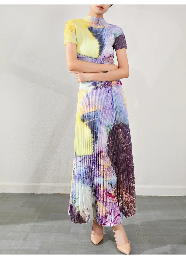 

Miyake print high-neck short-sleeved T-shirt, slim fit, pleated skirt, high-end fashion pleated set for women.
