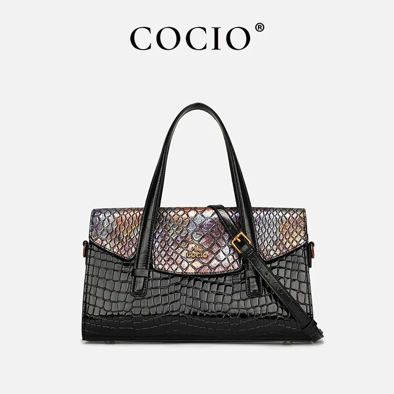 Retro European-American Style Luxury Women's Handbag Crocodile Pattern Boston Bag Large Capacity Crossbody Top Handle