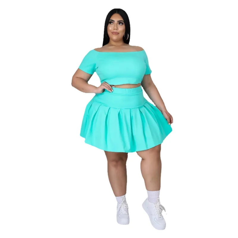 WSFEC XL-5XL Plus Size Two Piece Sets Women Clothing Sexy Short Sleeve Pleated Mini Skirt Suits Summer 2023 Female Outfits