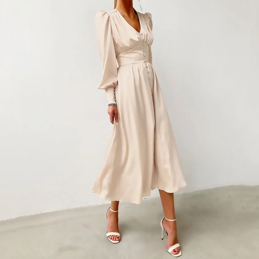 2025 봄 새로운 새틴 드레스 여성 랜턴 슬리브 허리 슬림 우아한 롱 드레스