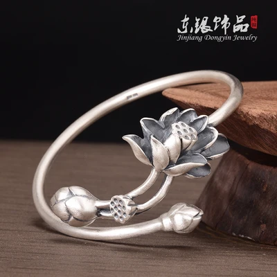 Retro and elegant temperament ethnic style plain silver all-match personality female lotus lotus bud bracelet