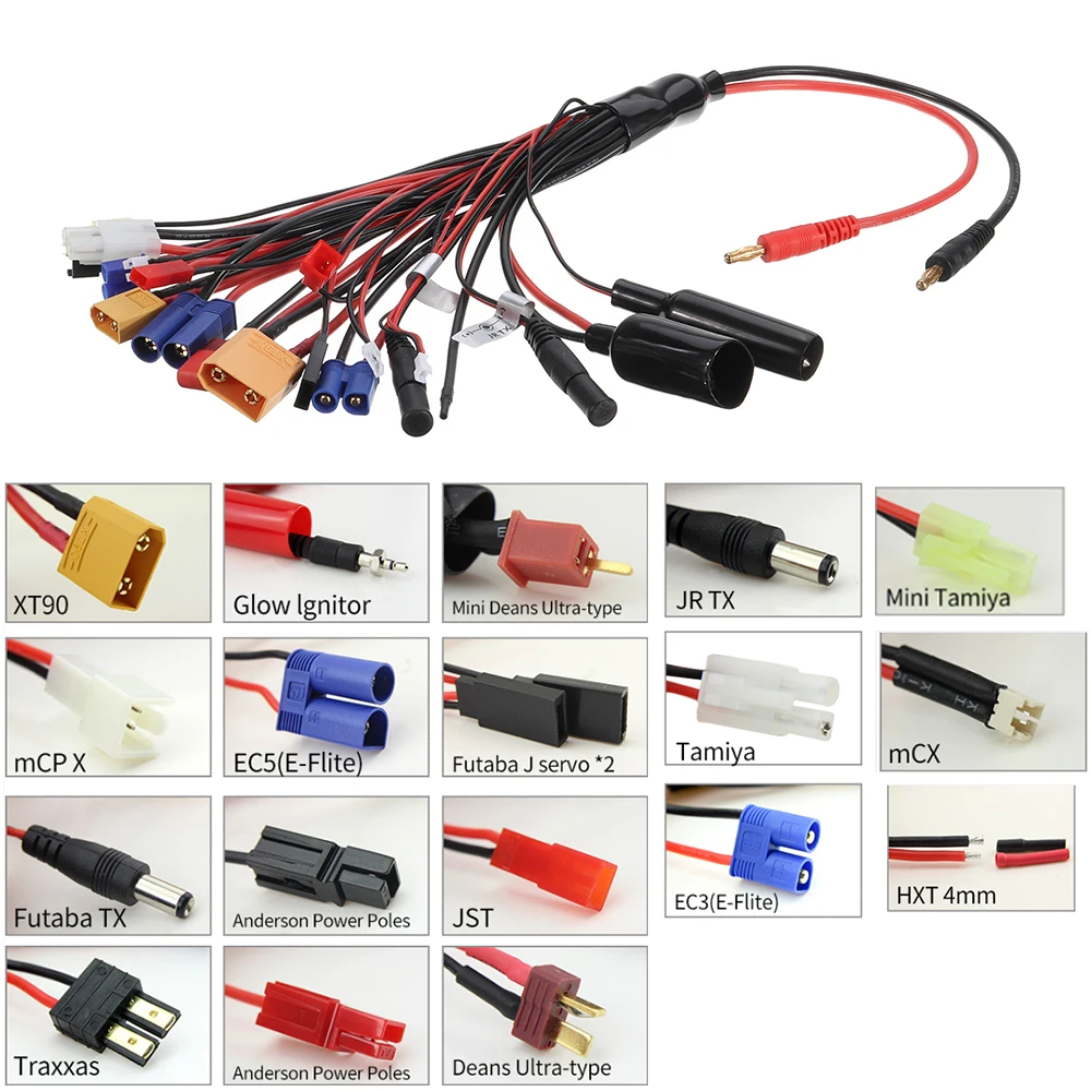 20 in 1 Multifunction Charger Cable 4mm Banana Plug to XT60 XT90 EC3 EC5 Tamiya for B6 B6AC PL6 PL8 Charger